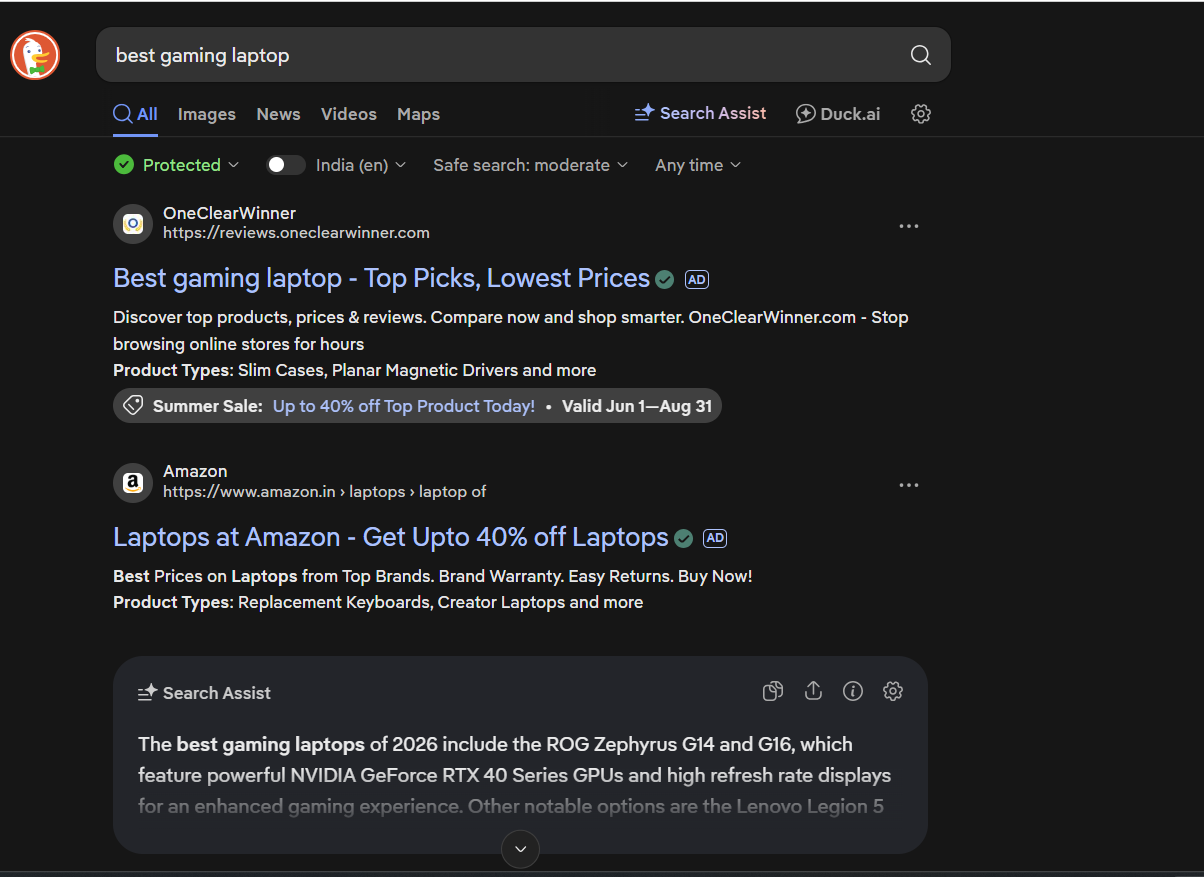 DuckDuckGo search results for best gaming laptop