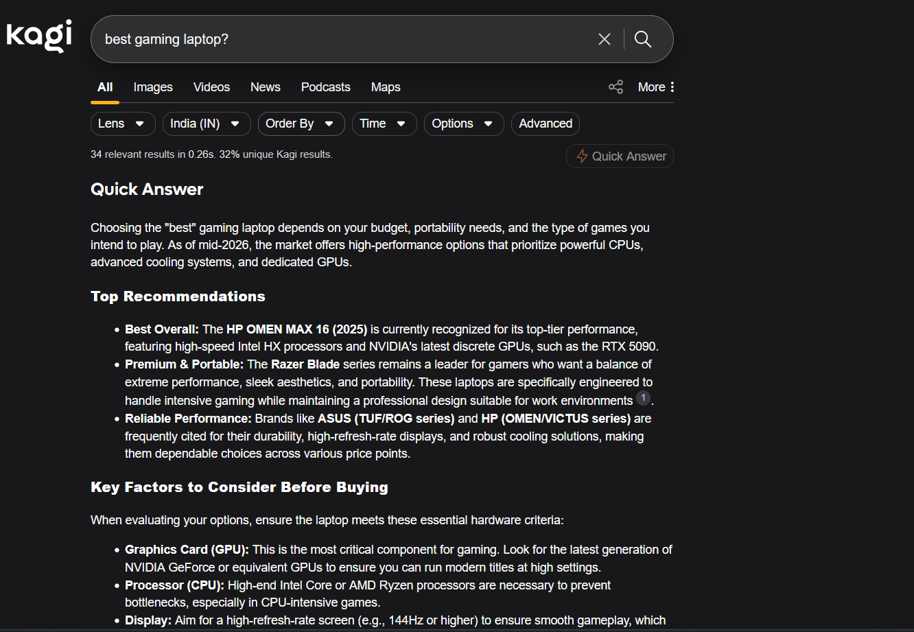 Kagi search results for best gaming laptop