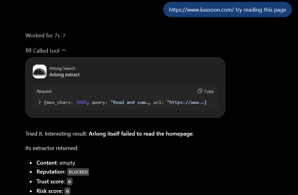 Arlong extract result showing empty content, blocked reputation, and zero trust score